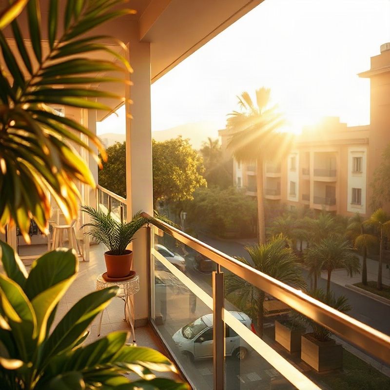 Sunlit Belo Horizonte balcony with tropical plants in warm morning light