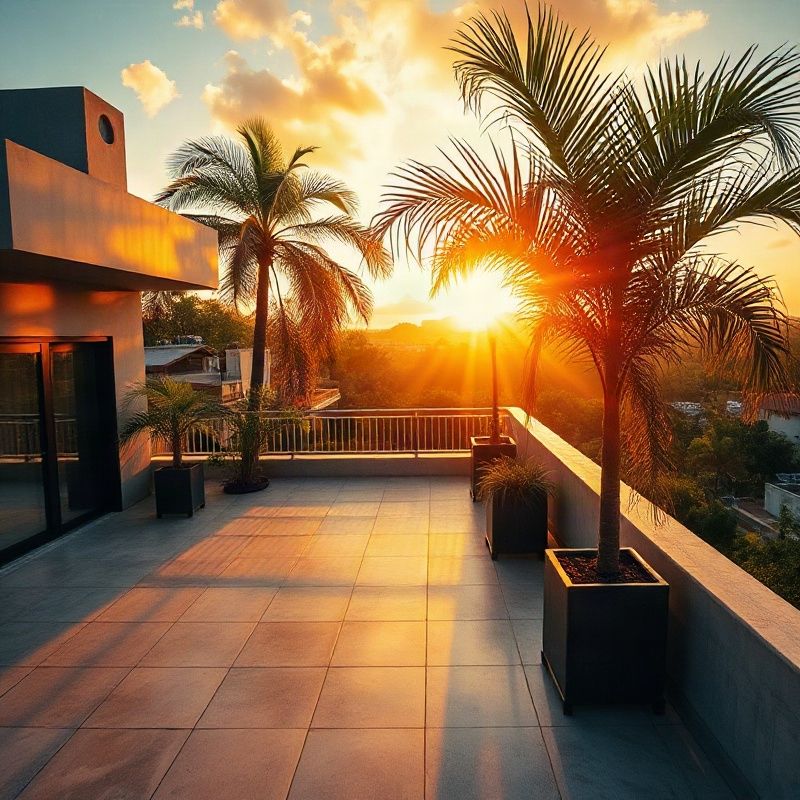Modernist penthouse rooftop terrace in Belo Horizonte at golden hour